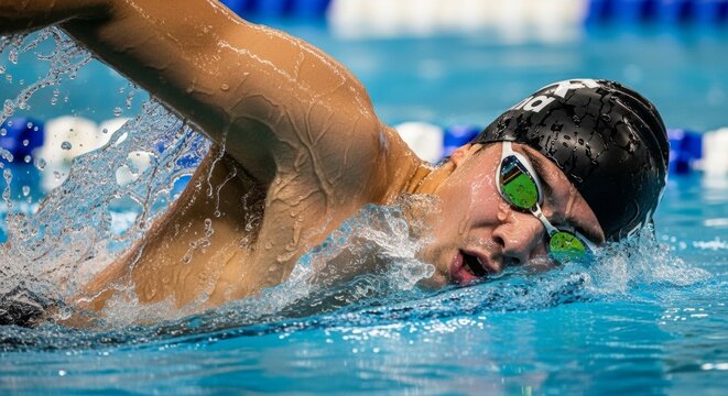 Dynamic male swimmer in action with water splash in pool