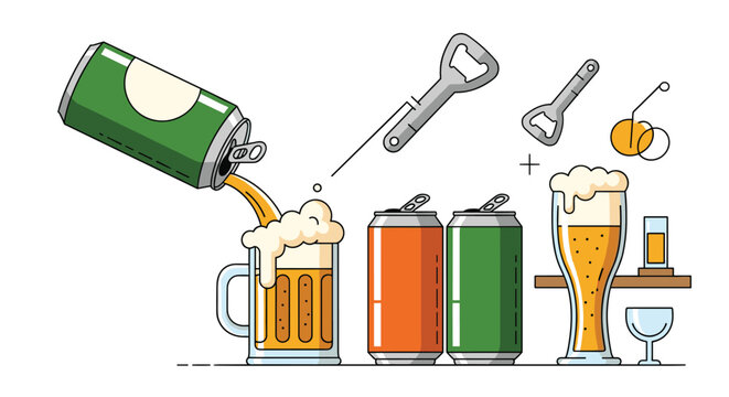A colorful illustration featuring beer being poured from a can into a mug, alongside other beer cans, glasses, and bottle openers, set against a white background.