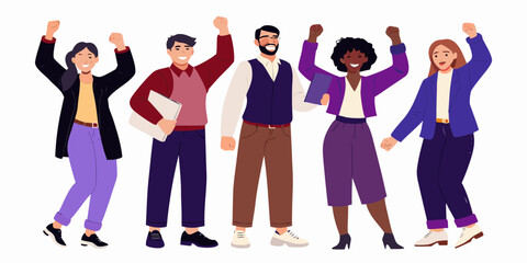 Diverse group of business people celebrating success with raised fists