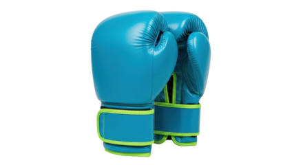 Isolated pair of aqua blue boxing gloves with green details for combat and athletic training