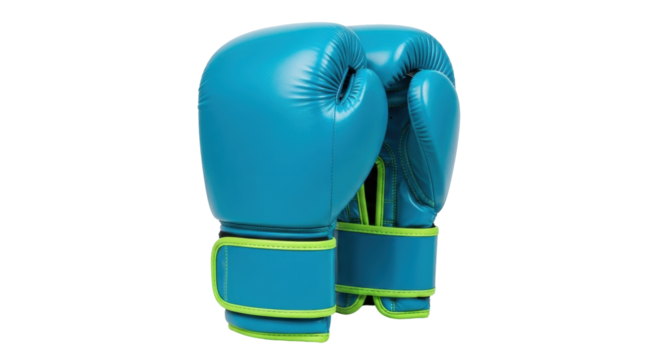 Isolated pair of aqua blue boxing gloves with green details for combat and athletic training