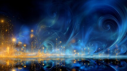Luminous abstract scene with golden city on water below ethereal blue swirls in the sky