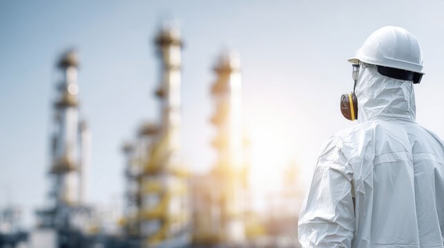 Scientist in protective hazmat suit and respirator at industrial chemical plant during environmental inspection