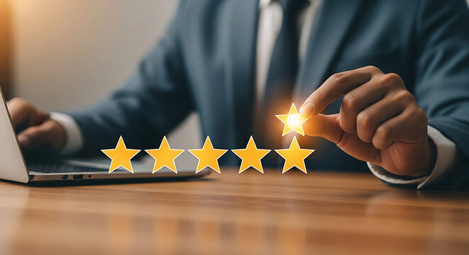Elevate Your Brand with Five Star Excellence A businessman gives a stellar review, showcasing quality service and customer satisfaction using a laptop