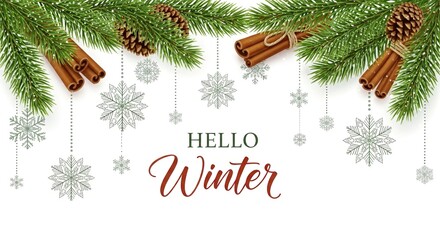 Winter-themed decoration with pine, cinnamon sticks, and snowflakes  