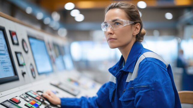 Female industrial engineer operating control panel in factory with monitoring screens