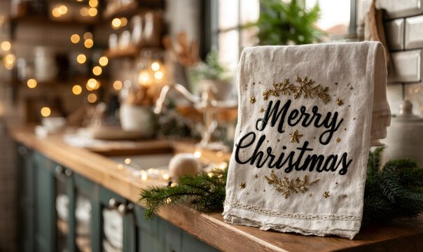 Kitchen decorated for christmas holidays, featuring a festive towel and sparkling garland lights creating a cozy atmosphere