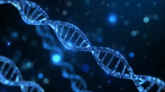 DNA Helix 4K Video Illustration with Glowing Particles on a Dark Blue Background