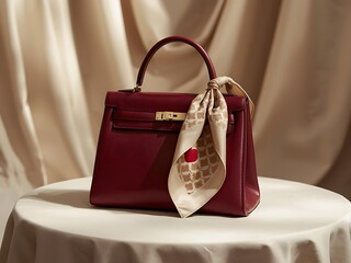 Elegant burgundy leather handbag adorned with a designer silk scarf