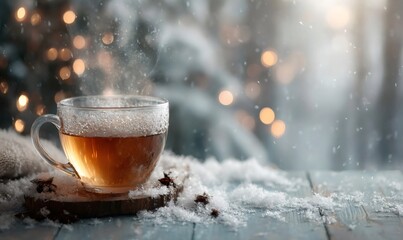 Steaming cup of hot tea placed on a snowy wooden table with bokeh lights and falling snowflakes creating a cozy winter scene