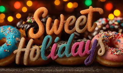 Sugary text spelling sweet holidays centered among an assortment of vibrant glazed donuts with sprinkles, against a bokeh light background