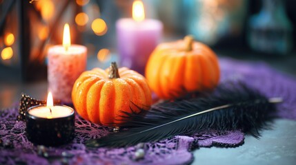 Halloween pumpkins with candles and peacock feathers on festive table decoration