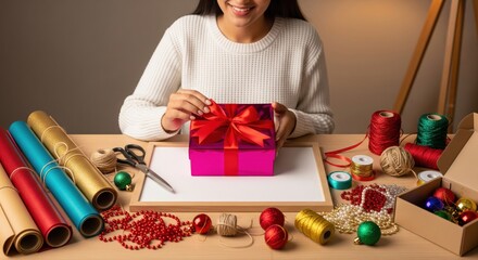 Joyful Woman Wrapping Christmas Gift with Festive Craft Supplies