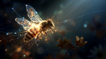 Luminous bee in flight, surrounded by light and soft foliage in dreamy scene