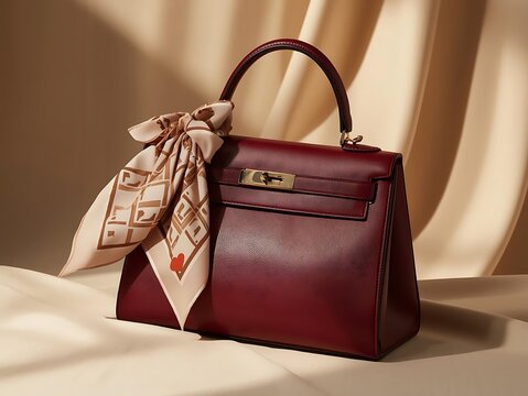 Elegant burgundy leather handbag with silk scarf accent - Powered by Adobe