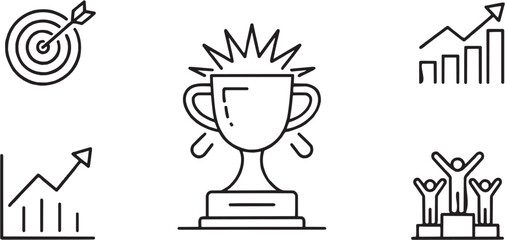 "Trophy and achievement award icon set. Vector glyph pictograms of prize, burst, success symbol, winner badge, honor mark, recognition star, celebration icon black silhouette