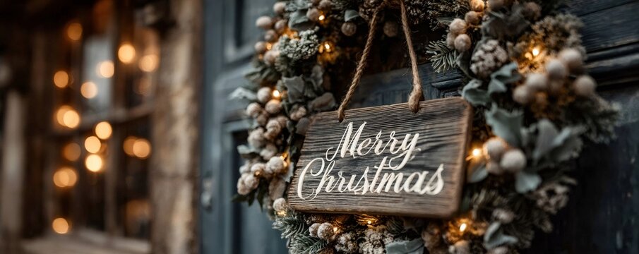 Festive christmas wreath decorating an old wooden door, featuring a hanging sign with merry christmas and warm fairy lights