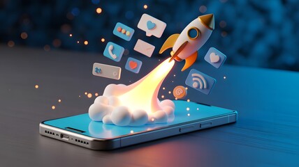 Rocket launching from smartphone screen with social media icons, digital marketing app startup and online communication technology concept
