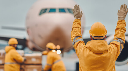 Ground aviation crew guiding an aircraft with hand signals on the apron wearing orange uniform
