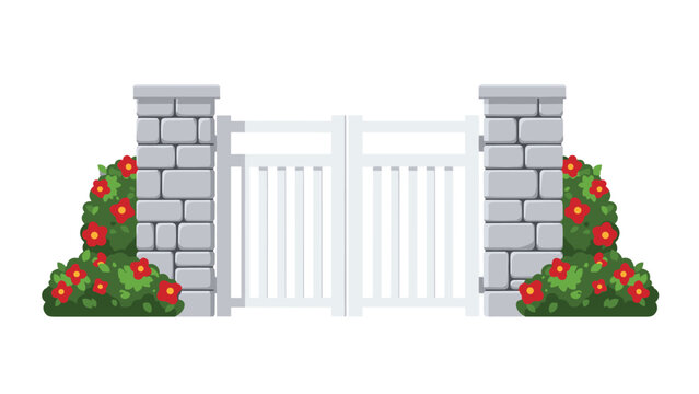 Charming white gate entrance with blooming red flowers and stone pillars welcomes you home to your perfect garden paradise