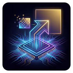 Obraz premium AI Upscaling Process Chip Enhancing Digital Resolution Neon Sticker