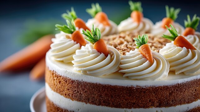 Carrot cake with whipped cream frosting and carrot decorations for pastry shop, recipe blog and festive dessert