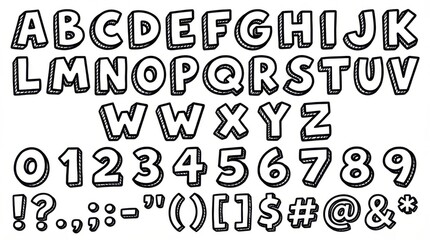 Outlined retro font alphabet from A to Z with numbers and punctuation on white background.