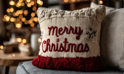 Merry christmas knitted pillow resting on a couch, creating a cozy and festive atmosphere with blurred bokeh lights in background