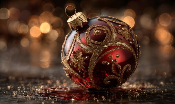Red christmas ornament with intricate gold glitter details reflecting on a surface, surrounded by golden bokeh lights