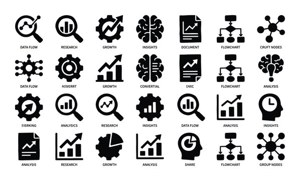 Business and data analysis black glyph icon set featuring research, growth, insights, document, flowchart, and data flow