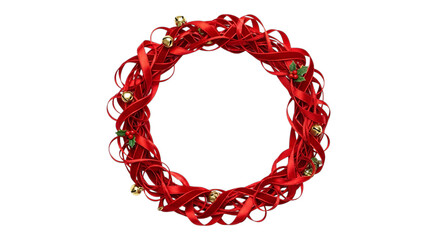 Festive red christmas wreath with bells and lights isolated on transparent background