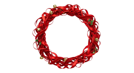 Festive red christmas wreath with bells and lights isolated on transparent background