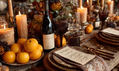 Elegant dining table decorated with candles, wine, plates, cutlery, and oranges for an autumn or thanksgiving dinner