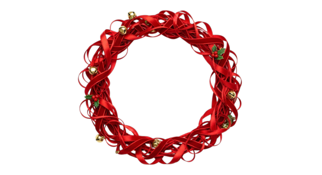 Festive red christmas wreath with bells and lights isolated on transparent background - Powered by Adobe