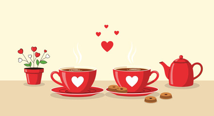 Cozy Valentine's Day setting featuring two heart-adorned coffee cups with steam, a teapot, cookies, and a charming potted heart plant.