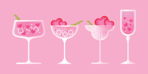 Pink Valentines cocktails in elegant glasses with heart ice cubes and bubbles on soft background. Romantic drink set for holiday greeting cards, posters and social media