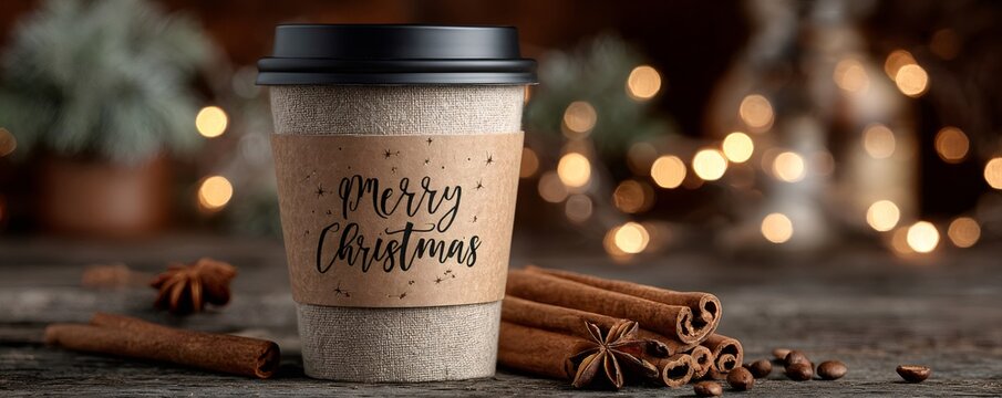 Coffee cup with merry christmas sleeve and spices on a rustic wooden table, with festive bokeh lights creating a cozy winter holiday atmosphere - Powered by Adobe