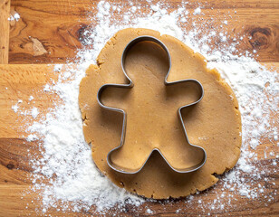 Christmas gingerbread man cookie cutter pressed into dough, flour on wooden surface, baking scene