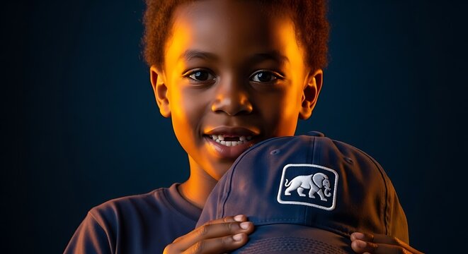 a portrait of a young boy with short curly hair holding a dark blue baseball cap with an elephant design bathed in warm lighting high quality
