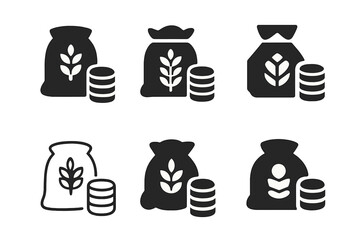Agricultural Trade Icons. Trade in agricultural products and commodities. Icon set. Set Logo of trade in agricultural products and commodities: grain sack and