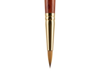 Isolated detail of round tip artist's paint brush with dark handle and gold metal ferrule