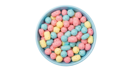 Isolated breakfast cereal in a round light-blue bowl, fun and tasty, snack food is healthy