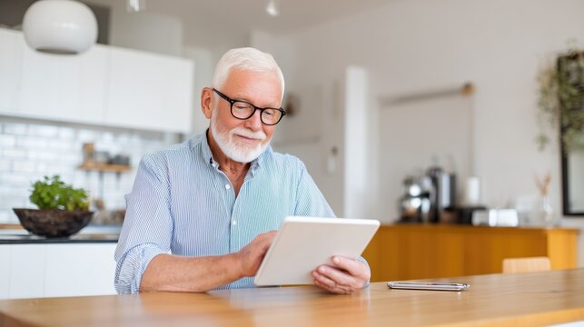 Senior man using tablet at home – technology, digital communication and active aging concept
