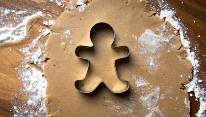 Christmas gingerbread man cookie cutter pressed into dough, flour on wooden surface, baking scene