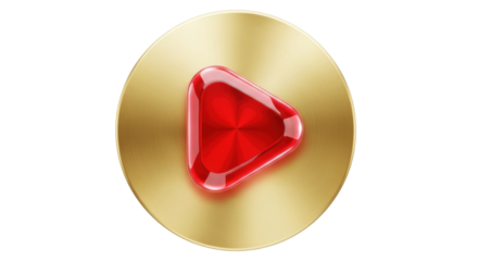 Isolated play button icon over a gold circle, 3D rendering, audio and video symbol