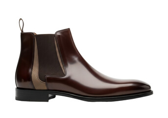 Isolated dark brown leather Chelsea boot, a polished men's dress shoe with elastic panel