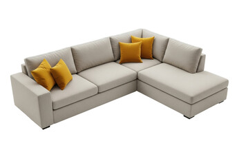 Isolated L-shaped modular sofa in light beige fabric with orange pillows, modern seating