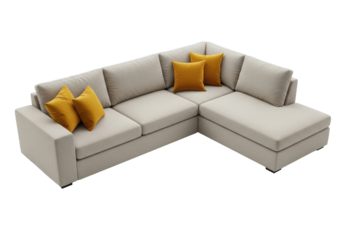 Isolated L-shaped modular sofa in light beige fabric with orange pillows, modern seating