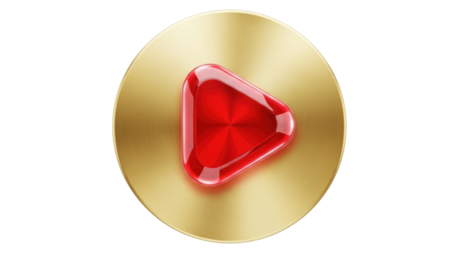 Isolated play button icon over a gold circle, 3D rendering, audio and video symbol