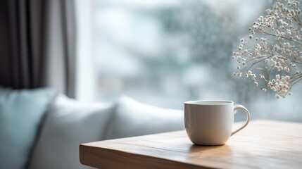 Cozy living room with coffee cup, book and plant on wooden table – home interior concept